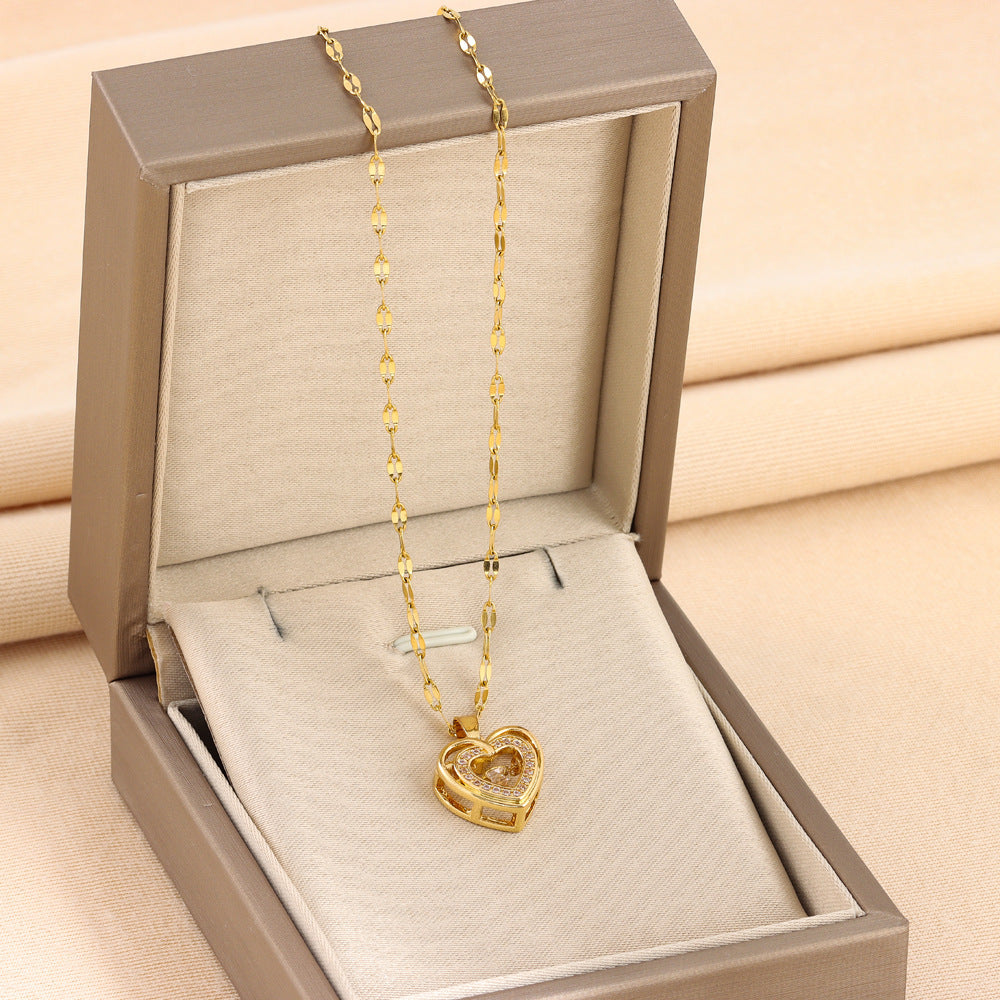 Rhinestones Titanium Steel Pendant Double-layer Love Necklace