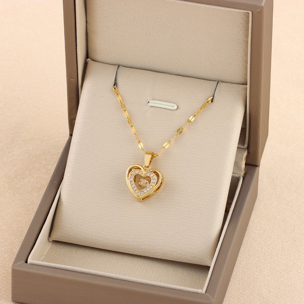 Rhinestones Titanium Steel Pendant Double-layer Love Necklace