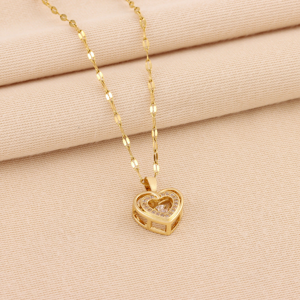 Rhinestones Titanium Steel Pendant Double-layer Love Necklace