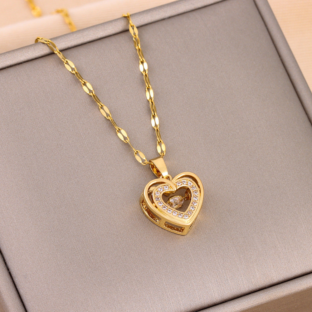 Rhinestones Titanium Steel Pendant Double-layer Love Necklace