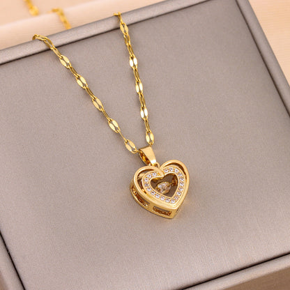 Rhinestones Titanium Steel Pendant Double-layer Love Necklace