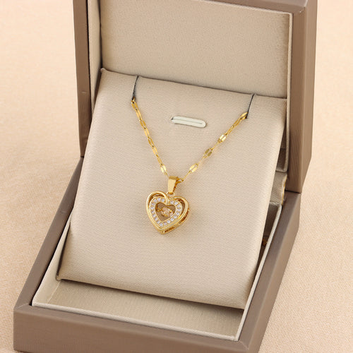Rhinestones Titanium Steel Pendant Double-layer Love Necklace